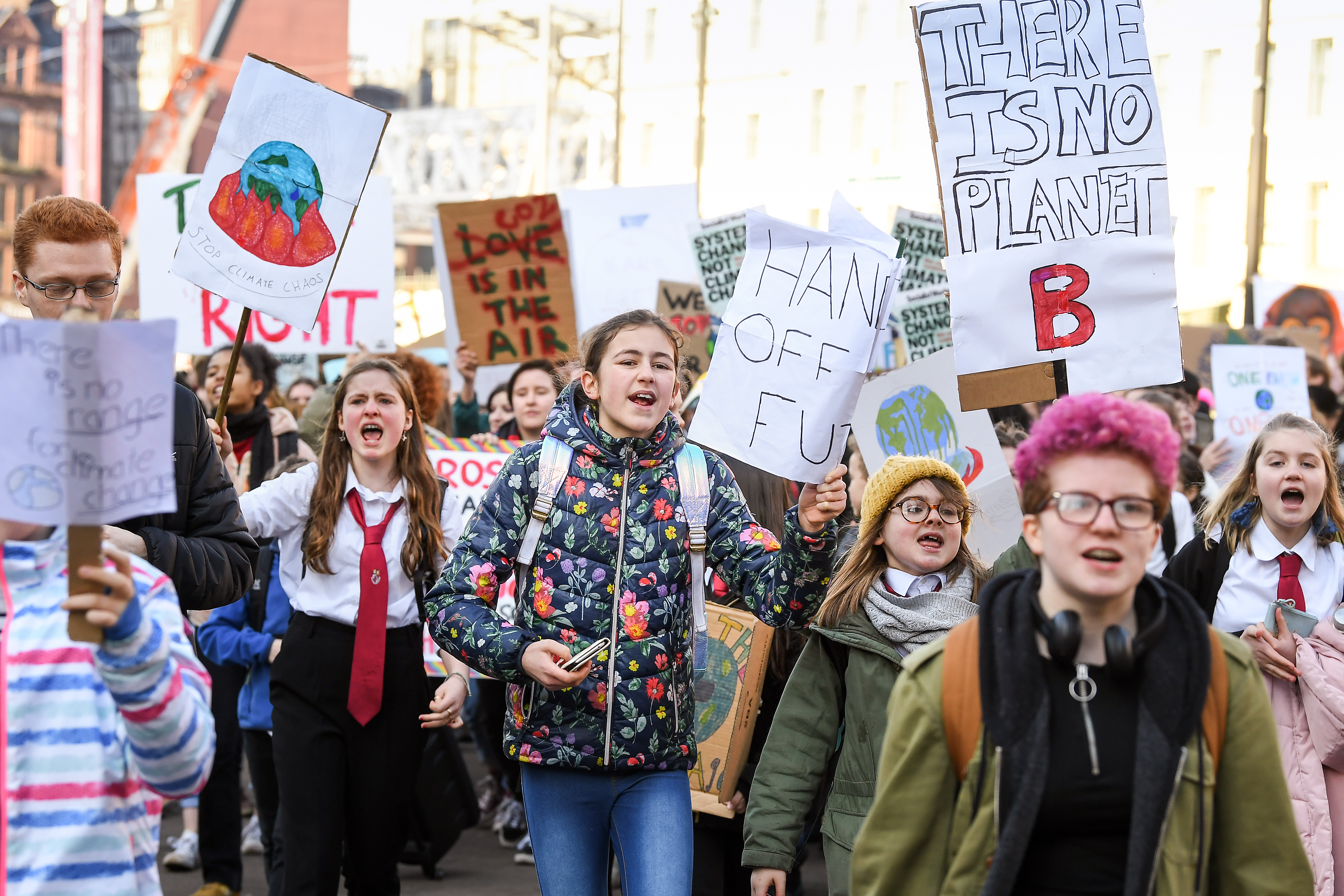 GLASGOW, UNITED KINGDOM - FEBRUARY 15: Schoolchildren take part in a nation-wide student climate march in George Square on February 15, 2019 in Glasgow, United Kingdom.Thousands of UK pupils from schools, colleges and universities will walk out today for a nationwide climate change strike. Students in 60 cities from the West Country to Scotland are protesting, urging the government to declare a climate emergency and take action over the problem. They are keen that the national curriculum is reformed and the environmental crisis is communicated to the public. Similar strikes have taken place in Australia and in European countries such as Belgium and Sweden. (Photo by Jeff J Mitchell/Getty Images)