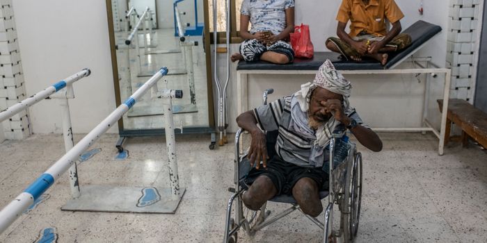 ADEN, YEMEN - SEPTEMBER 24: Aish Abduallah Jaber al-Abri, 55, waits to be fitted for a set of prosthetic limbs at a government health clinic on September 24, 2018 in Aden, Yemen. Jaber al Abri stepped on a landmine in Al Khawkhah and has waited two years to be fitted for a pair of prothetic legs. A coalition military campaign has moved west along Yemen's coast toward Hodeidah, where increasingly bloody battles have killed hundreds since June, putting the country's fragile food supply at risk. (Photo by Andrew Renneisen/Getty Images)