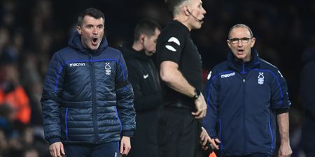 Roy Keane gets booked as Nottingham Forest assistant manager