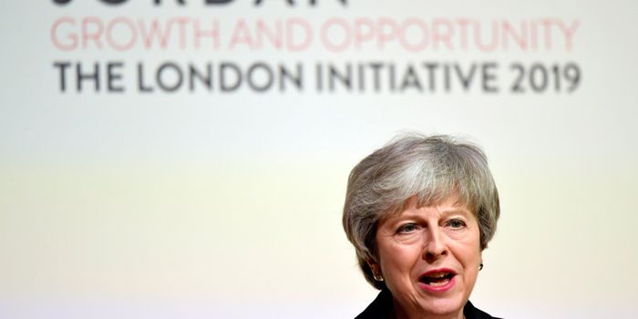 LONDON, ENGLAND - FEBRUARY 28: Britain's Prime Minister Theresa May speaks at the Jordan Growth and Opportunity Conference on February 28, 2019 in London, England. (Photo by Toby Melville WPA Pool/Getty Images)