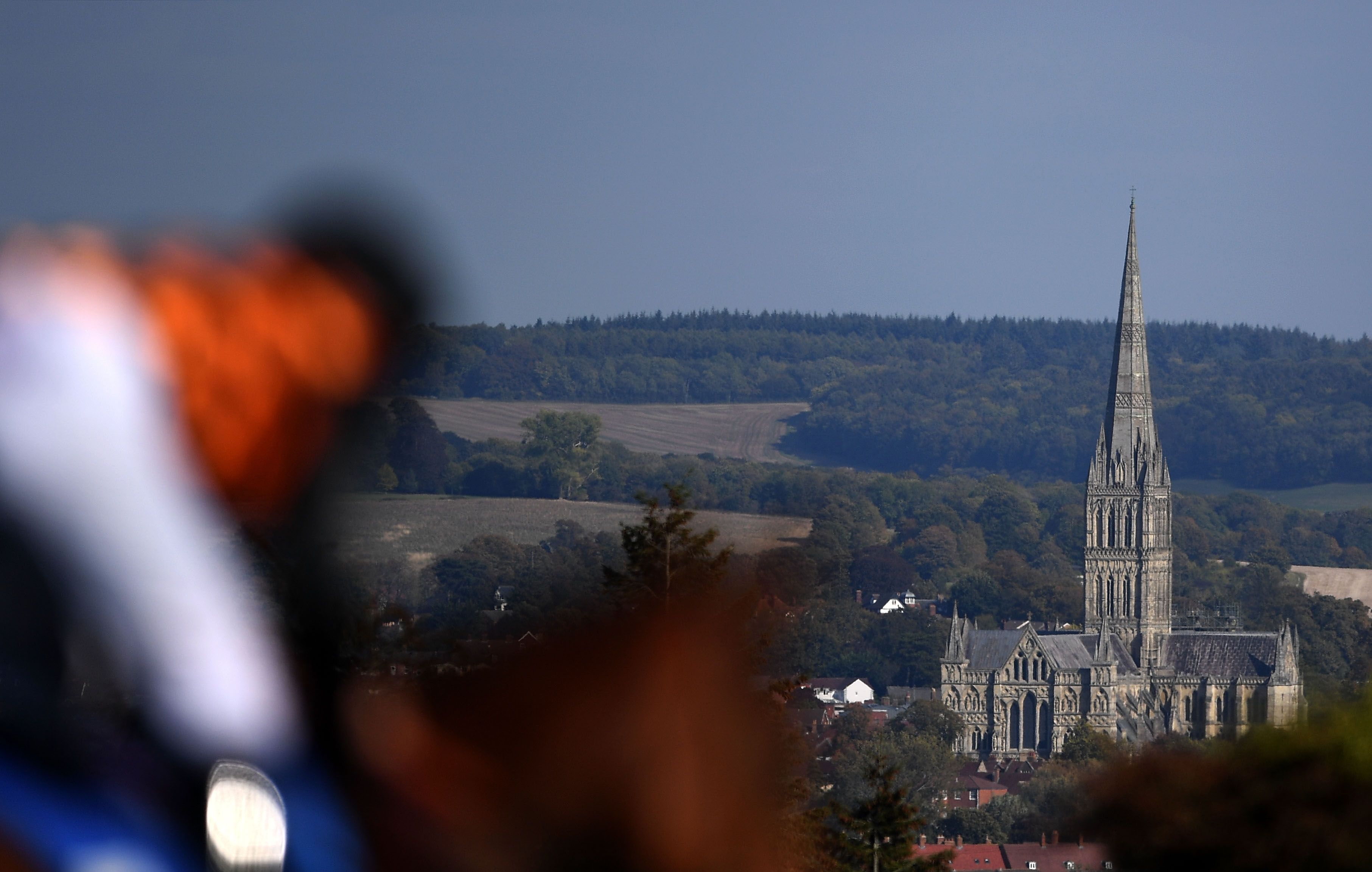 SALISBURY, ENGLAND - OCTOBER 03: Detailed view of Salisbury Cathedral as Riders make their way round the course at Salisbury Racecourse on October 3, 2018 in Salisbury, England. (Photo by Harry Trump/Getty Images)