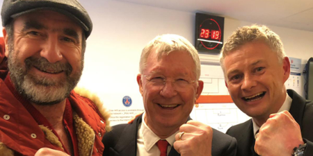 Alex Ferguson, Eric Cantona and Solskjær pose for selfie after Manchester United win over PSG
