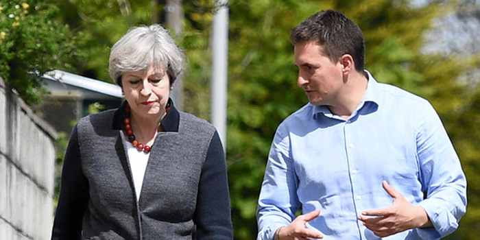 Johnny Mercer and Theresa May in conversation during 2017's general election campaign. Mercer has since attacked the prime minister repeatedly and is now shaping to replace her as leader of the Conservative party.