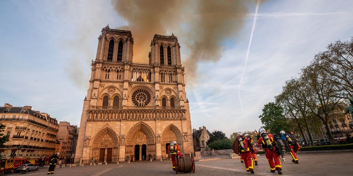 PARIS, FRANCE - APRIL 15: In this handout image provided by Brigade de sapeurs-pompiers de Paris, firefighters battle the blaze at Notre-Dame Cathedral on April 15, 2019 in Paris, France. A fire broke out on Monday afternoon and quickly spread across the building, collapsing the spire. The cause is yet unknown but officials said it was possibly linked to ongoing renovation work. (Photo by Benoît Moser/BSPP via Getty Images)