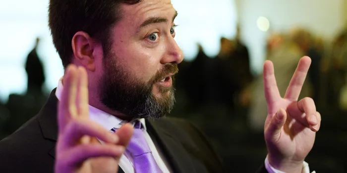 Youtuber Carl Benjamin is interviewed following a UKIP press conference on April 18, 2019 in London, England. As the date for Brexit has been extended, it is likely that the UK will take part in the forthcoming European Elections to choose MEPs to represent regions of the UK in the European Parliament. (Photo by Leon Neal/Getty Images)