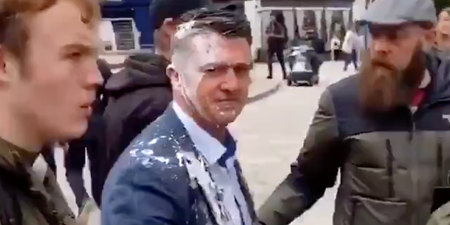 Tommy Robinson has milkshake thrown over him during Warrington visit