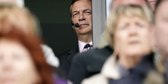 Nigel Farage looks out at the crowd before a Brexit party campaign rally