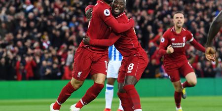 Naby Keita celebrates Liverpool’s comeback win at home in his kit