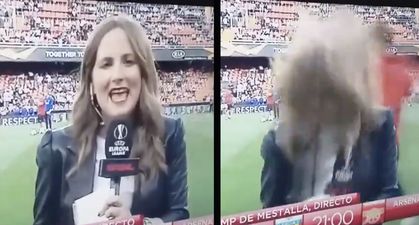 Reporter hit by ball as Arsenal players warm-up in Valencia