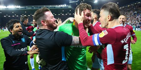 Villa goalkeeper Jed Steer stares down Mason Holgate before penalty save