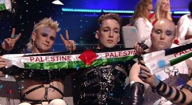 Eurovision act Hatari protest Israel with Palestinian flags