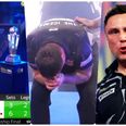 Gerwyn Price walks right up to the Sid Waddell trophy before finally nailing his 12th match dart