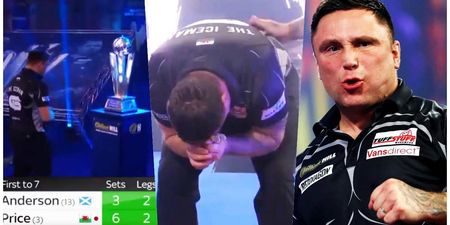 Gerwyn Price walks right up to the Sid Waddell trophy before finally nailing his 12th match dart