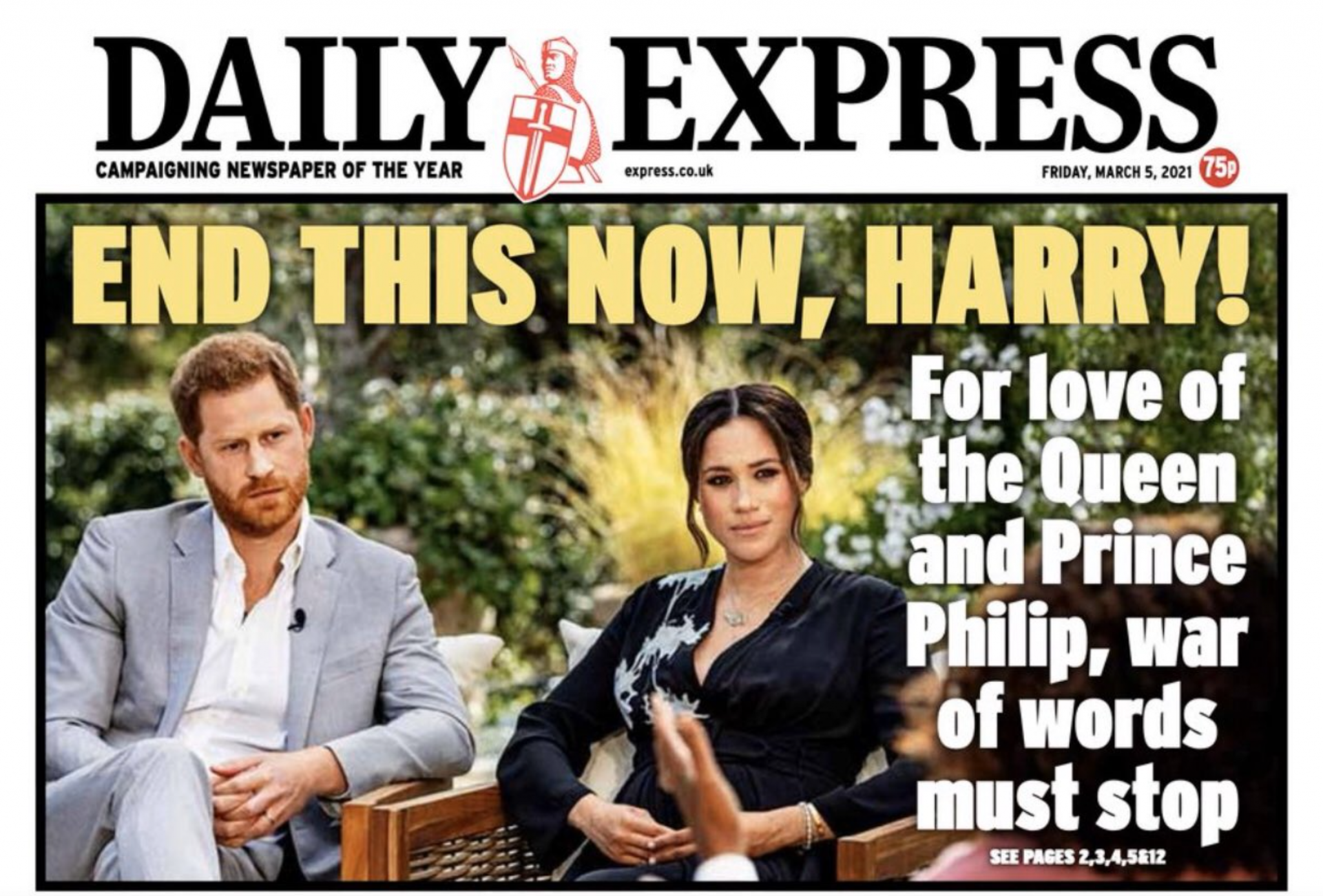 Daily Express front page reading: "End this now, Harry! For the love of the Queen and Prince Philip, the war of words must stop"