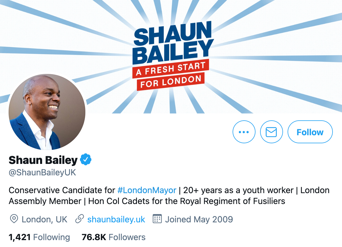 Shaun Bailey's Twitter profile