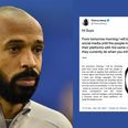 Thierry Henry announces social media exit until big tech prioritise tackling racism