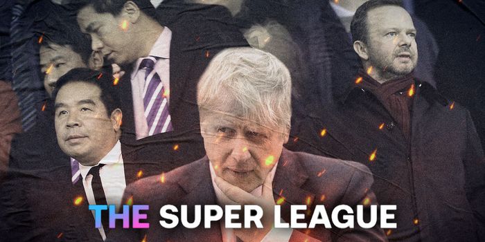 Boris Johnson, Carson Yeung, and Eg Glazer stand in the background behind the words 'The Super League'