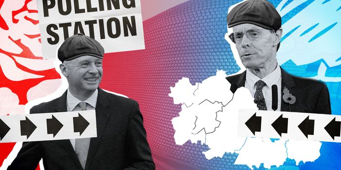 Liamm Byrne and Andy Street, the two leading candidates in the West Midlands mayoral election are depicted in graphical style, wearing hats reminiscent of the Peaky Blinders