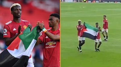 Paul Pogba and Amad Diallo unfurl Palestine flag after final Man Utd home game