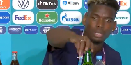 Pogba removes Heineken bottle at Euro press conference