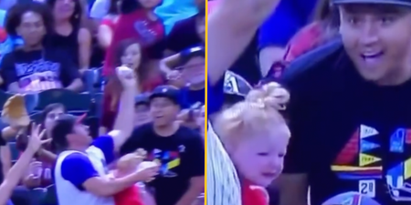 Dad drops baby, catches ball and baby without spilling his beer