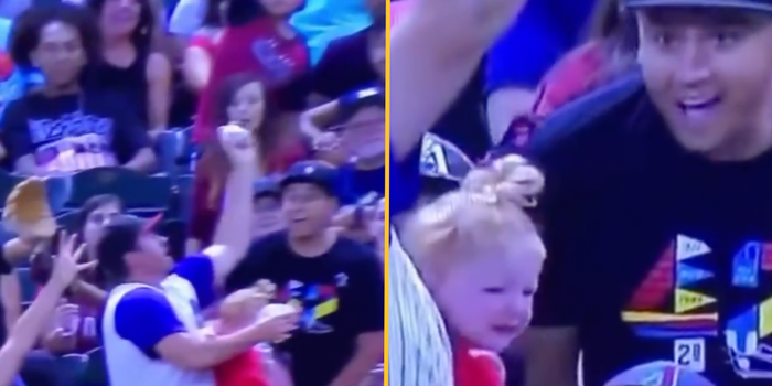Man catches baseball and baby without spilling his beer
