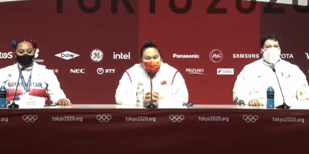 Weightlifting medallists sit in silence after question about trans athlete Laurel Hubbard