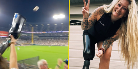 Woman catches home run ball in prosthetic leg during amazing baseball game moment