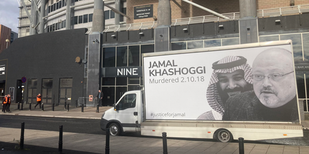 Justice for Jamal Khashoggi poster seen outside St James’ Park ahead of Newcastle game