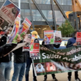 Protesters gather outside Premier League HQ to call for an end to Saudi involvement in football