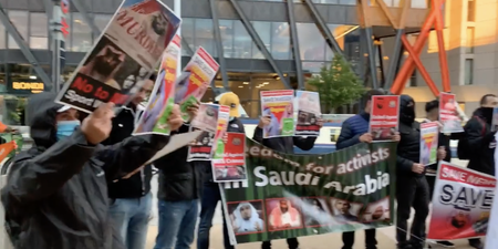 Protesters gather outside Premier League HQ to call for an end to Saudi involvement in football