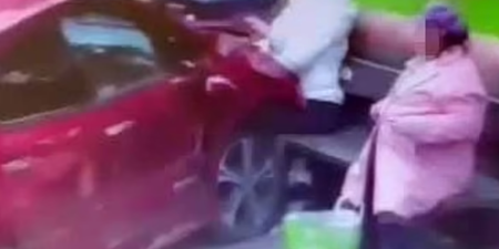 Shocking moment woman smoking on park bench slammed into by car