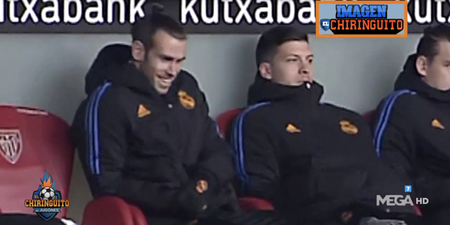 Gareth Bale laughs at Eden Hazard after he’s told to sit on the bench despite warming up