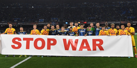 Barcelona and Napoli players reveal banner reading ‘Stop war’ before Europa League fixture