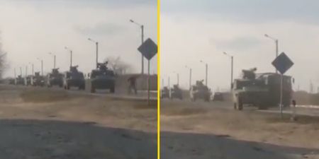 Video shows amazing moment single man tries to stop convoy of Russian tanks