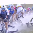 Cyclist sparks huge crash on wet first day of Strade Bianche race