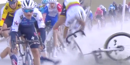 Cyclist sparks huge crash on wet first day of Strade Bianche race