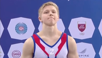 Russian gymnast wears national war symbol while sharing podium with Ukrainian rival