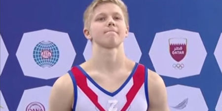 Russian gymnast wears national war symbol while sharing podium with Ukrainian rival