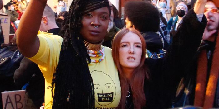 Patsy Stevenson (right) at the protest in Central London today