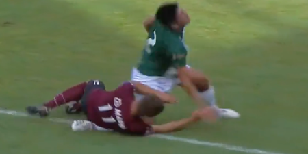 Player sent off after being hit in the face and breaking opponent’s leg during fall
