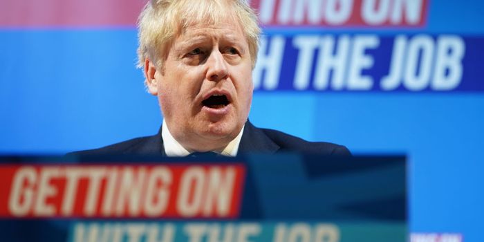 BLACKPOOL, ENGLAND – MARCH 19: British Prime Minister Boris Johnson addresses delegates during the Conservative Party Spring Conference at Blackpool Winter Gardens on March 19, 2022 in Blackpool, England. (Photo by Ian Forsyth/Getty Images)