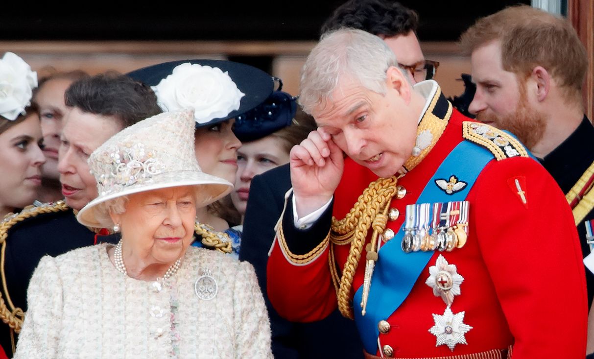 LONDON, UNITED KINGDOM - JUNE 08: (EMBARGOED FOR PUBLICATION IN UK NEWSPAPERS UNTIL 24 HOURS AFTER CREATE DATE AND TIME) Queen Elizabeth II and Prince Andrew, Duke of York watch a flypast from the balcony of Buckingham Palace during Trooping The Colour, the Queen's annual birthday parade, on June 8, 2019 in London, England. The annual ceremony involving over 1400 guardsmen and cavalry, is believed to have first been performed during the reign of King Charles II. The parade marks the official birthday of the Sovereign, although the Queen's actual birthday is on April 21st. (Photo by Max Mumby/Indigo/Getty Images)