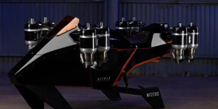 A flying motorcycle powered by eight jet engines has been invented