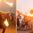 Horrific moment fire dancer engulfed by flames after performance goes wrong in front of tourists