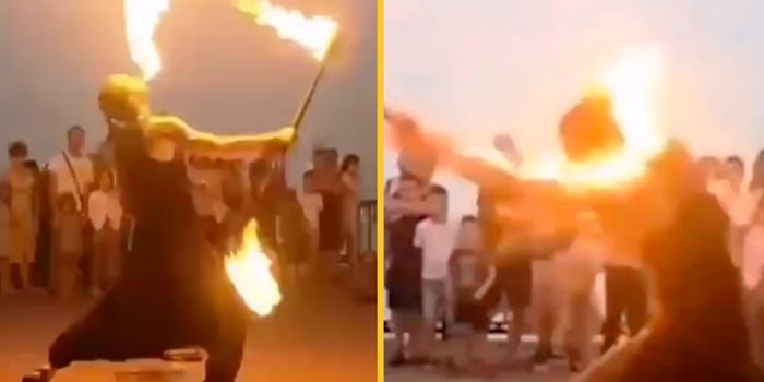 Fire dancer becomes engulfed in flames when act goes wrong