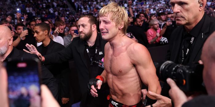 LONDON, ENGLAND - JULY 23: Paddy Pimblett of England celebrates defeating Jordan Leavitt of USA in the Lightweight bout during UFC Fight Night at O2 Arena on July 23, 2022 in London, England. (Photo by Julian Finney/Getty Images)