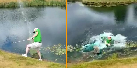 Golfer attempts to play lake-side ball as it lies – ends up spectacularly falling in the drink