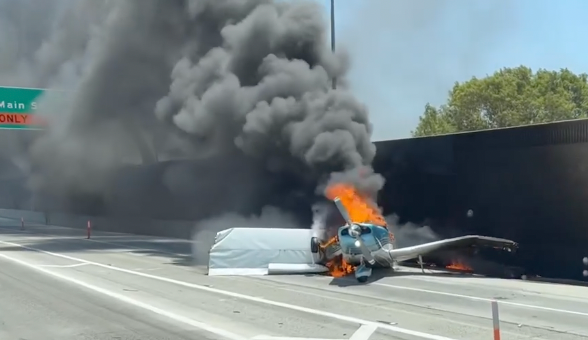 Plumes of smoke were seen coming from the plane after it crashed on the motorway