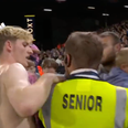 Everton fan clashes with steward after dropping his own kid to grab Anthony Gordon’s shirt
